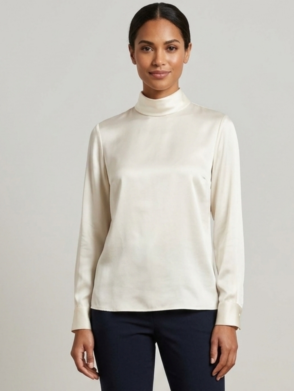 Kate Hill 100% Silk Mock Neck Cream Women's Blouse Size 10